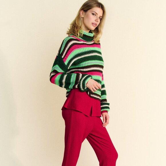 DAVI & DANI RETRO Colourful Striped Knit Turtleneck Sweater - Picture 3 of 10